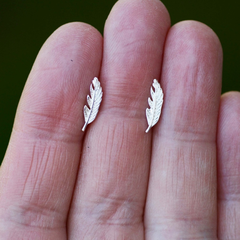Tiny Feather Earrings Sterling Silver 925 , From Canada , Small Studs